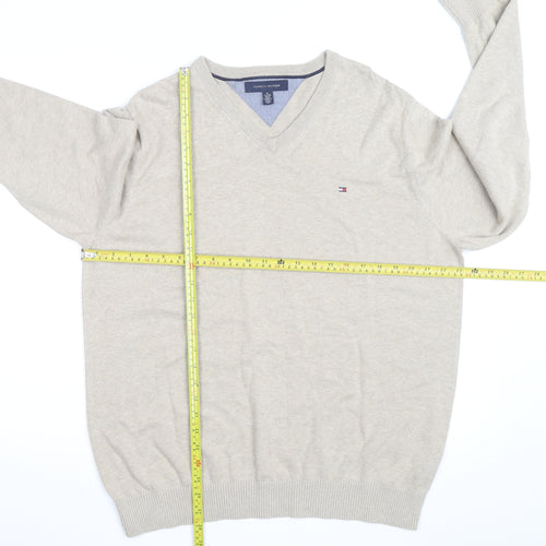 Tommy Hilfiger Men Beige XL V-Neck Cotton Silk Cashmere Jumper