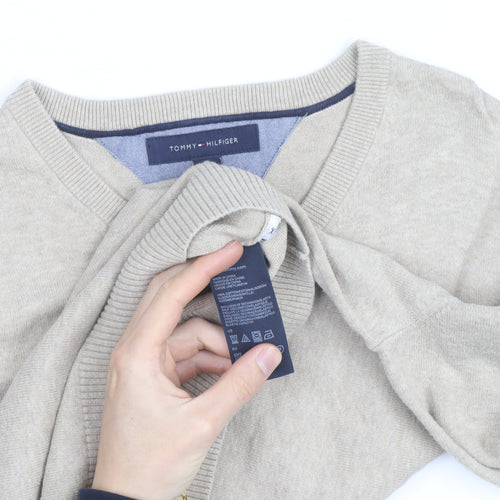 Tommy Hilfiger Men Beige XL V-Neck Cotton Silk Cashmere Jumper