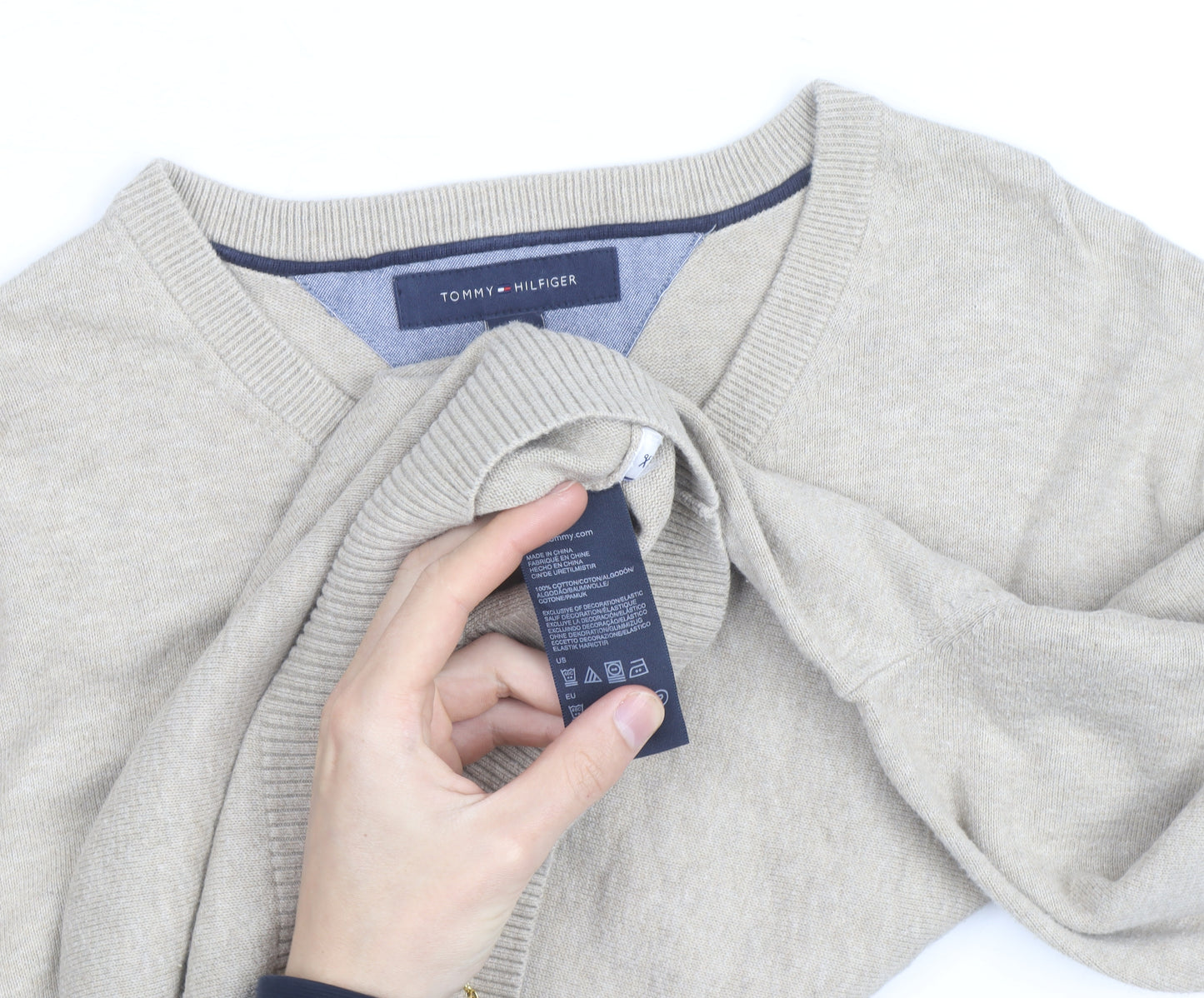 Tommy Hilfiger Men Beige XL V-Neck Cotton Silk Cashmere Jumper
