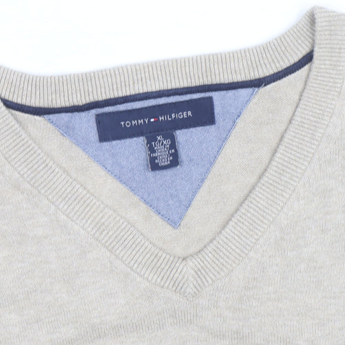 Tommy Hilfiger Men Beige XL V-Neck Cotton Silk Cashmere Jumper