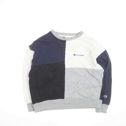 Champion Women's Grey Navy Colourblock Crew Neck Sweatshirt L