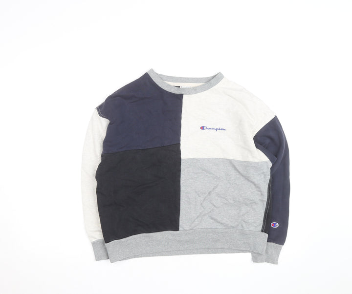 Champion Women's Grey Navy Colourblock Crew Neck Sweatshirt L