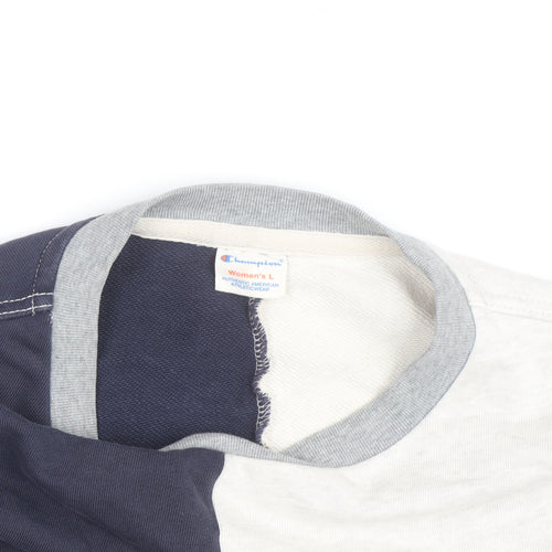 Champion Women's Grey Navy Colourblock Crew Neck Sweatshirt L