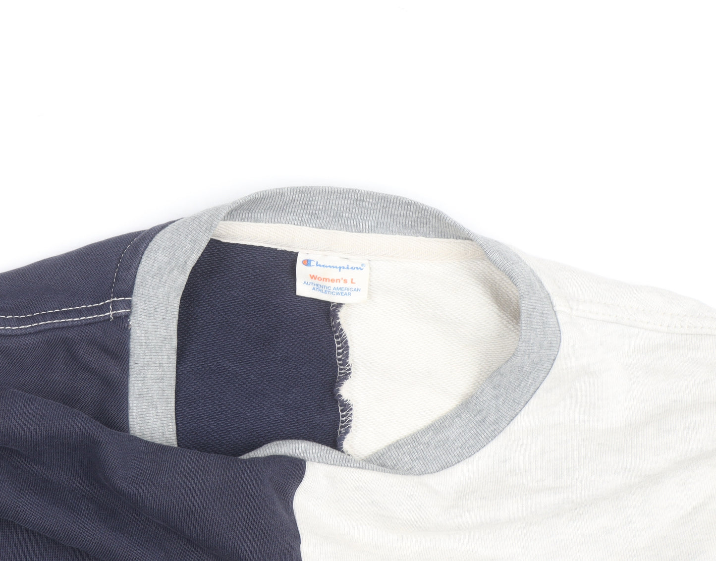Champion Women's Grey Navy Colourblock Crew Neck Sweatshirt L