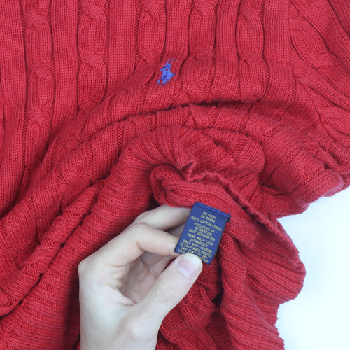 Polo Ralph Lauren Women's Red Cable-Knit Cotton Jumper XL
