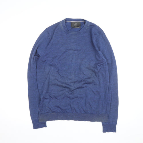 Marks and Spencer Men's Blue Wool Crew Neck Jumper Size M