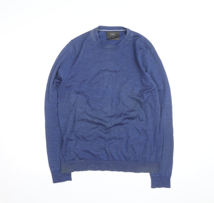 Marks and Spencer Men's Blue Wool Crew Neck Jumper Size M