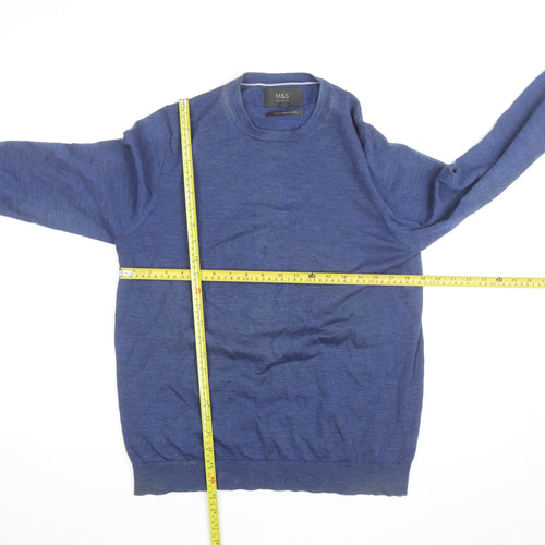 Marks and Spencer Men's Blue Wool Crew Neck Jumper Size M