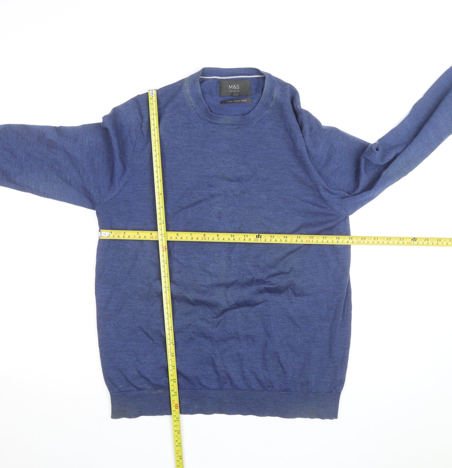 Marks and Spencer Men's Blue Wool Crew Neck Jumper Size M