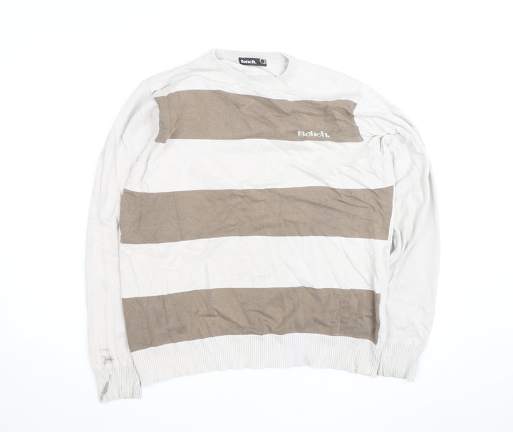 Bench Mens Beige Striped Lightweight Cotton Crew Neck Jumper Size L