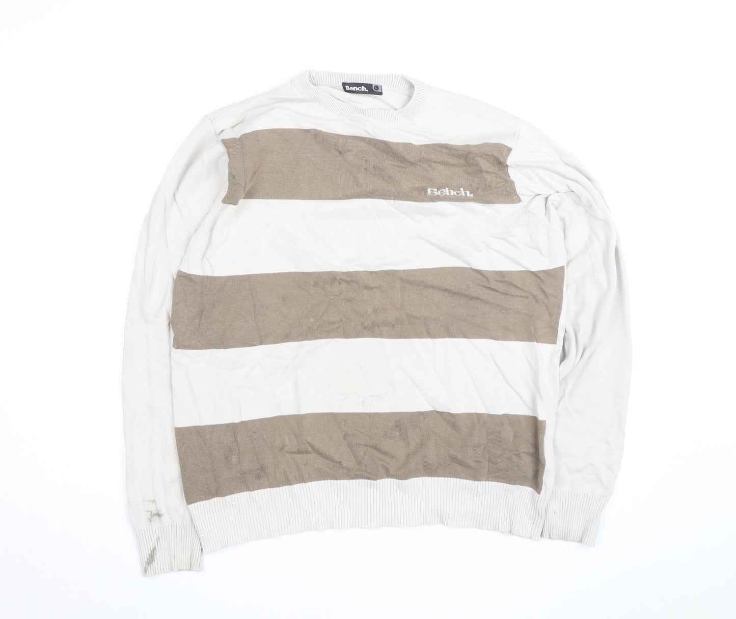 Bench Mens Beige Striped Lightweight Cotton Crew Neck Jumper Size L