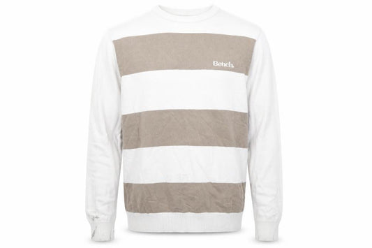 Front view of Bench men’s beige striped lightweight cotton crew neck jumper, size L