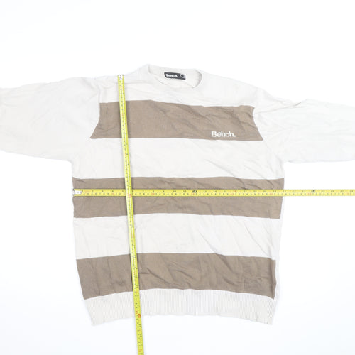 Bench Mens Beige Striped Lightweight Cotton Crew Neck Jumper Size L