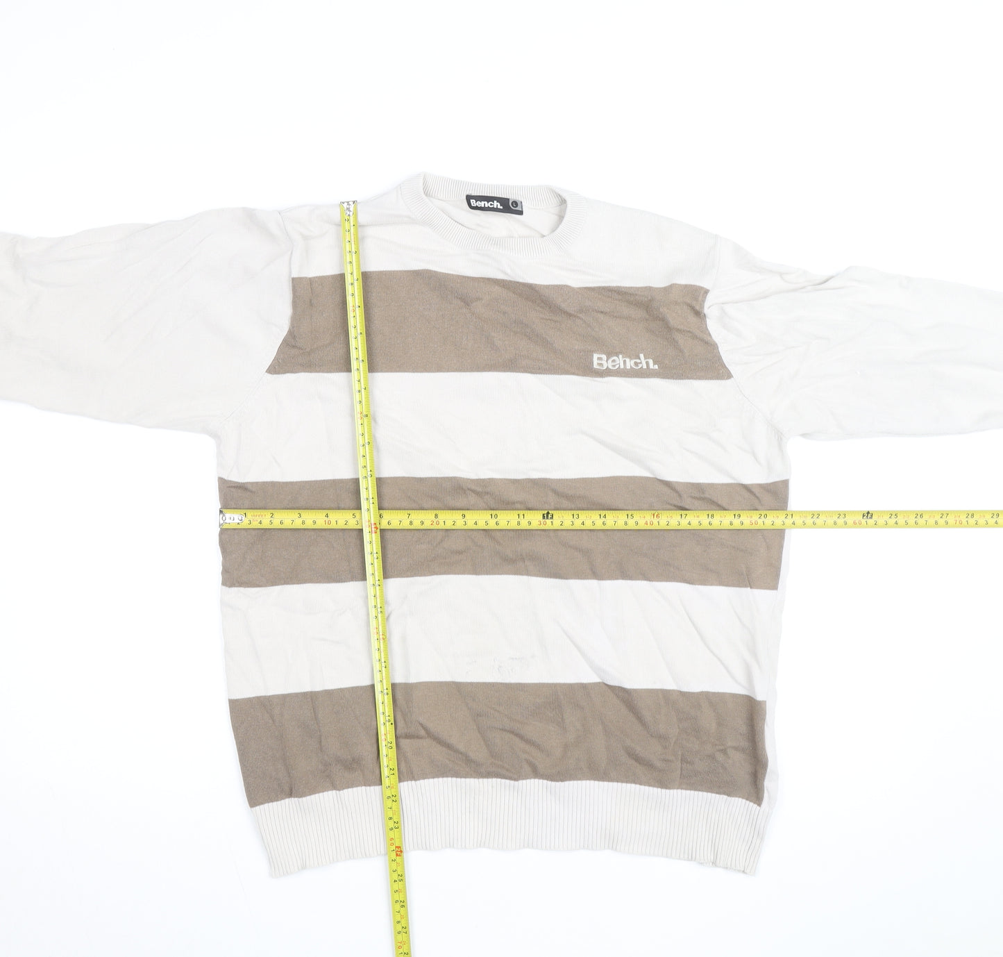 Bench Mens Beige Striped Lightweight Cotton Crew Neck Jumper Size L