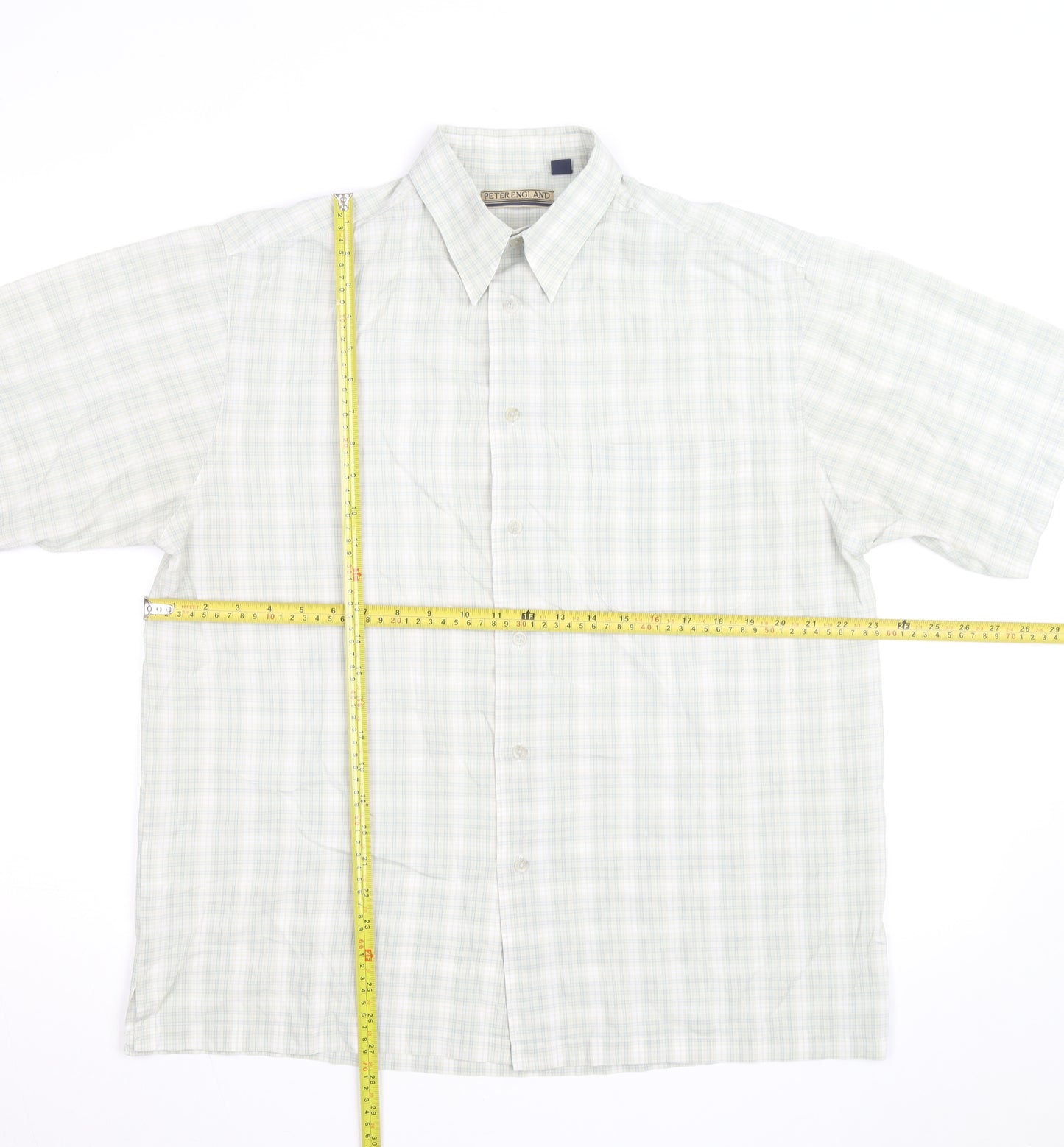 Peter England Men's Beige Check Short Sleeve Button-Up Shirt M
