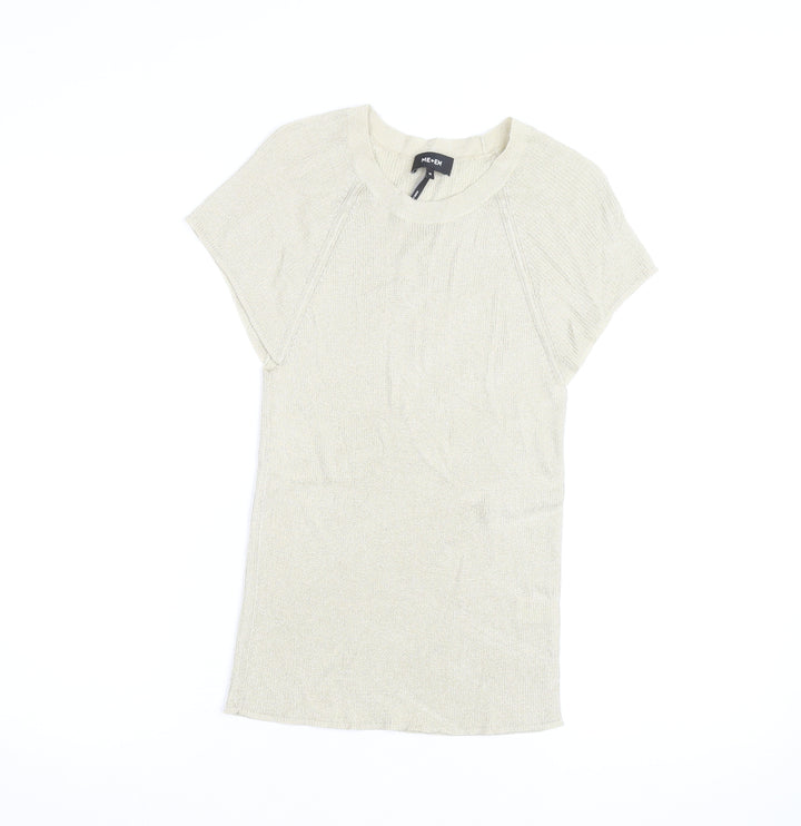 ME+EM Women Beige Knit Short Sleeve Crew Neck Top M