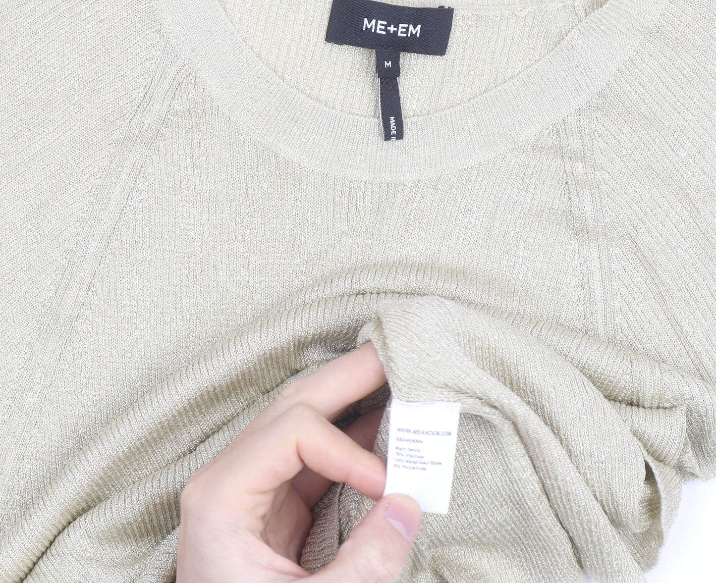 ME+EM Women Beige Knit Short Sleeve Crew Neck Top M