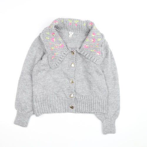 River Island Women Grey Floral Embroidered Chunky Knit Cardigan Size 8
