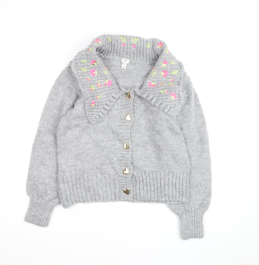 River Island Women Grey Floral Embroidered Chunky Knit Cardigan Size 8