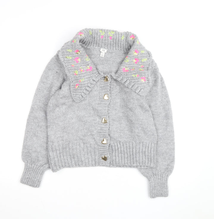 River Island Women Grey Floral Embroidered Chunky Knit Cardigan Size 8