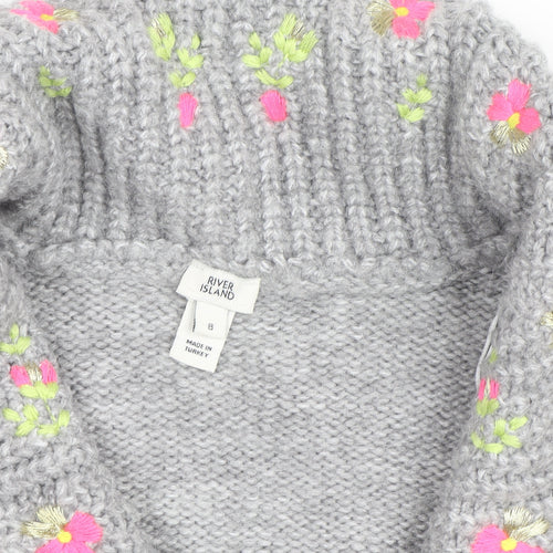 River Island Women Grey Floral Embroidered Chunky Knit Cardigan Size 8