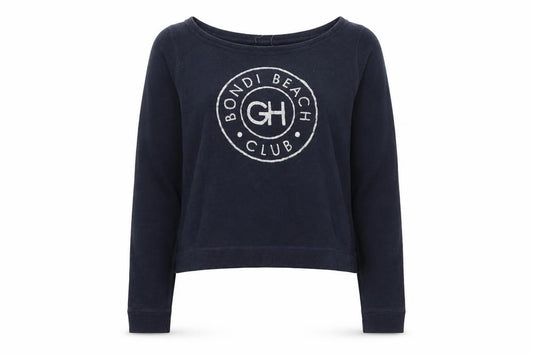 Front view of Gilly Hicks women’s navy blue long sleeve pullover sweatshirt l bondi beach club
