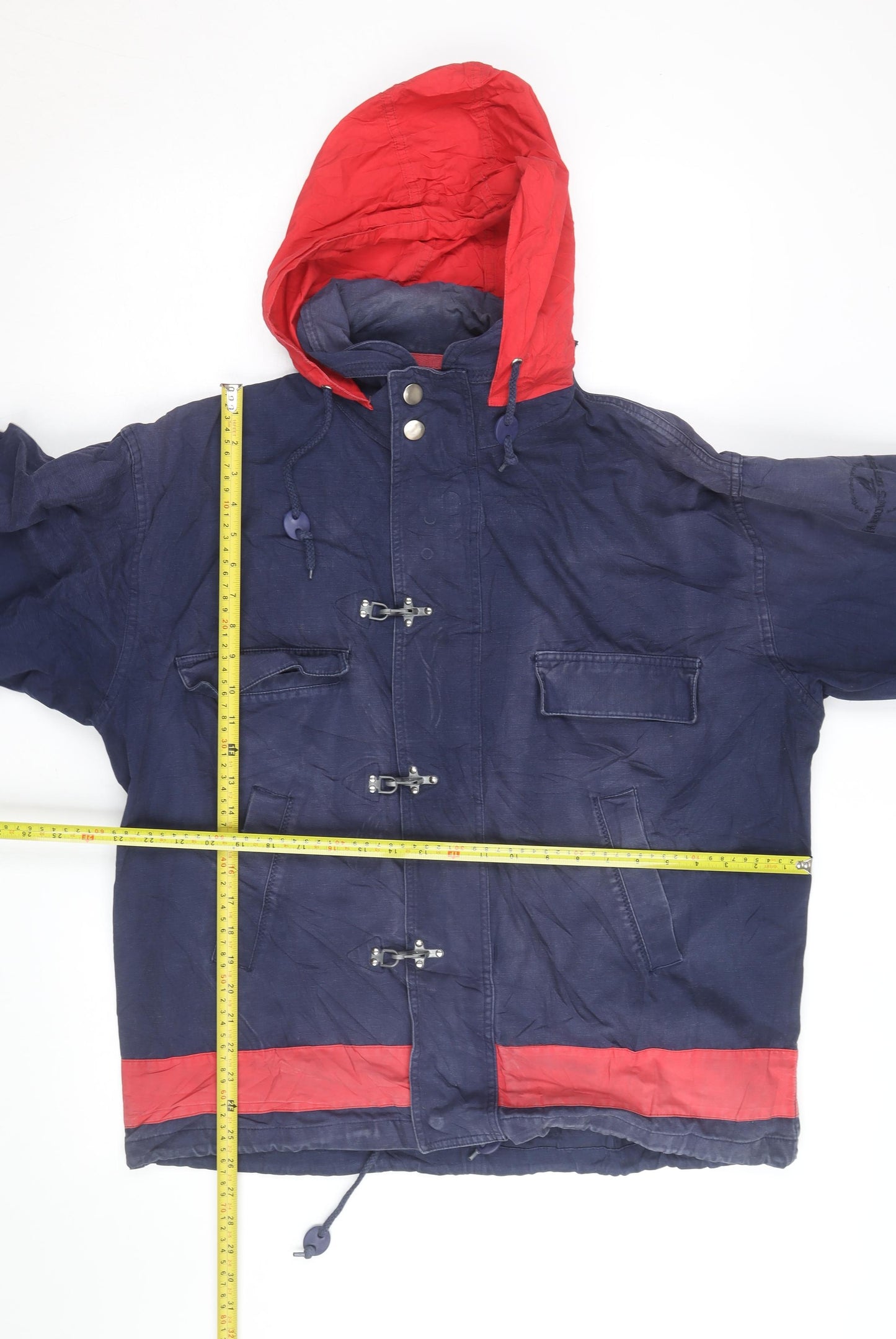 John D Farrow’s Men’s Blue Red Hooded Parka Jacket Medium Cotton Casual