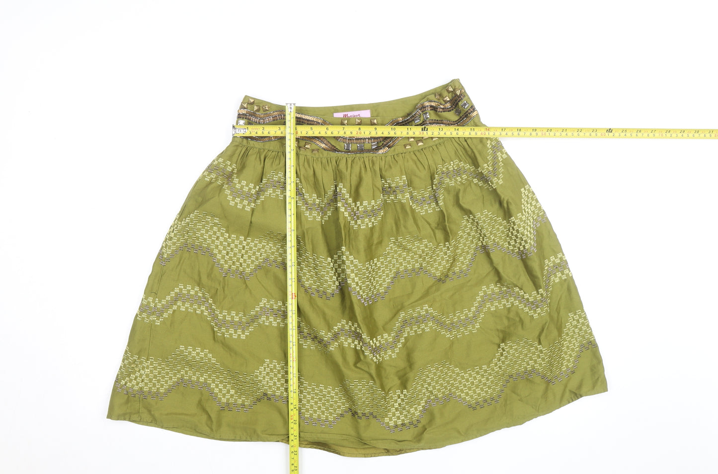 Monsoon Petite Green Beaded A-Line Cotton Skirt Size 10