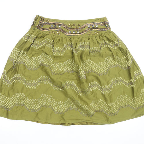 Monsoon Petite Green Beaded A-Line Cotton Skirt Size 10