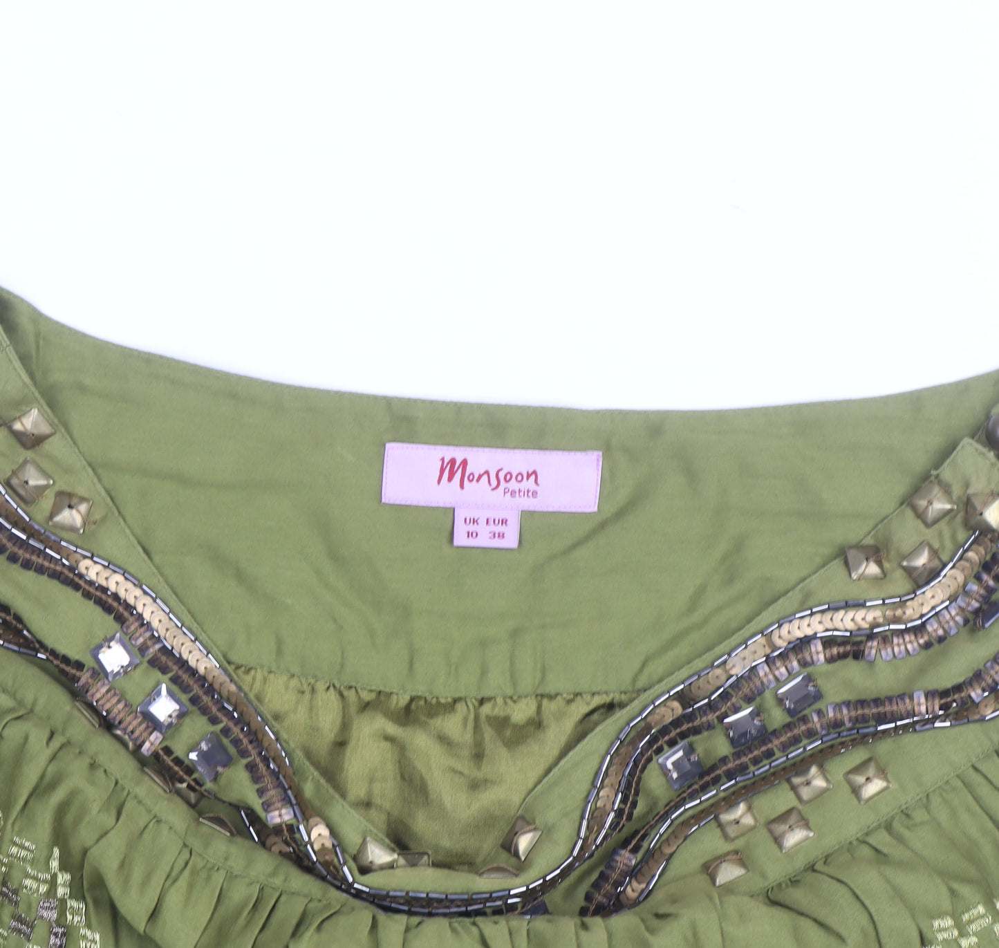 Monsoon Petite Green Beaded A-Line Cotton Skirt Size 10