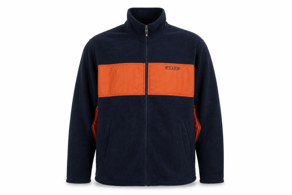 Front view of Chaps Men's Navy and Orange Full Zip Fleece Sweatshirt, size L