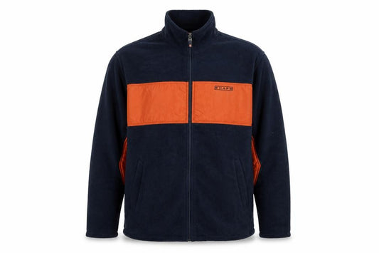 Front view of Chaps Men's Navy and Orange Full Zip Fleece Sweatshirt, size L
