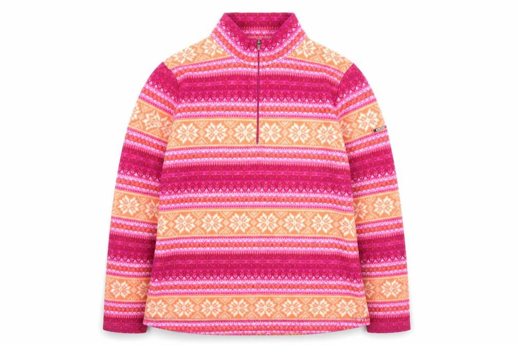 Front view of L.L. Bean Women's Pink Orange Fair Isle Fleece Pullover L 1/4 Zip