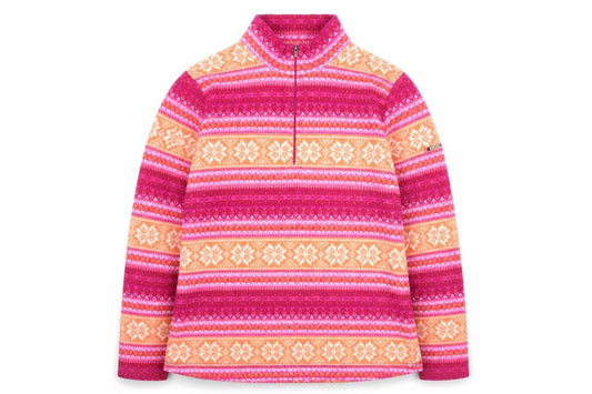 Front view of L.L. Bean Women's Pink Orange Fair Isle Fleece Pullover L 1/4 Zip