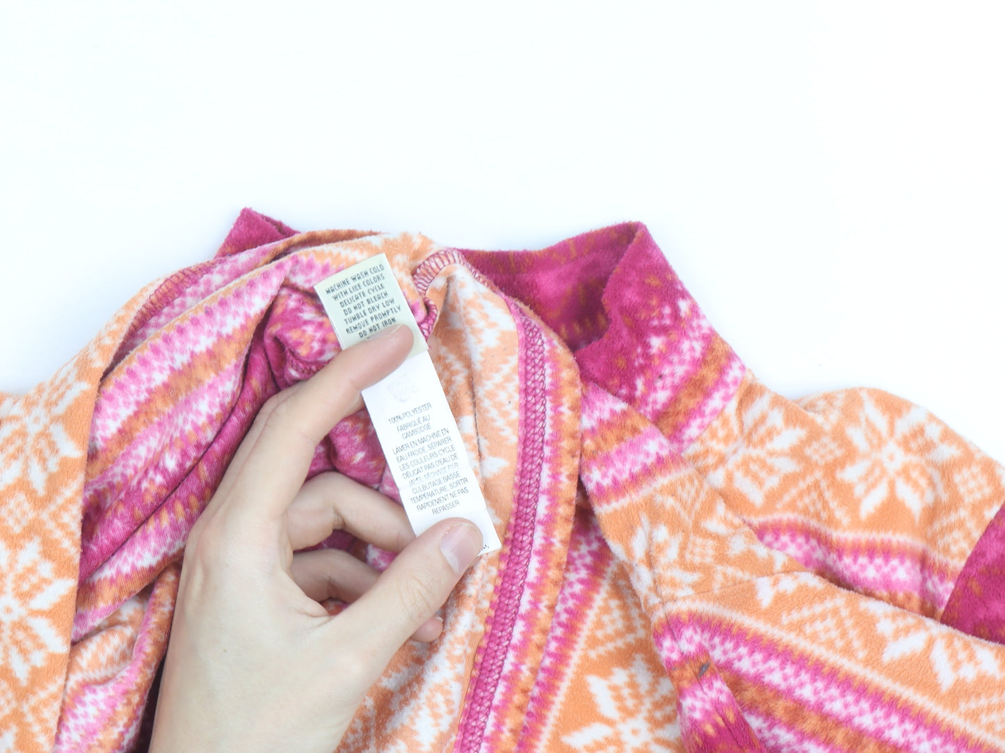 L.L. Bean Women's Pink Orange Fair Isle Fleece Pullover L 1/4 Zip