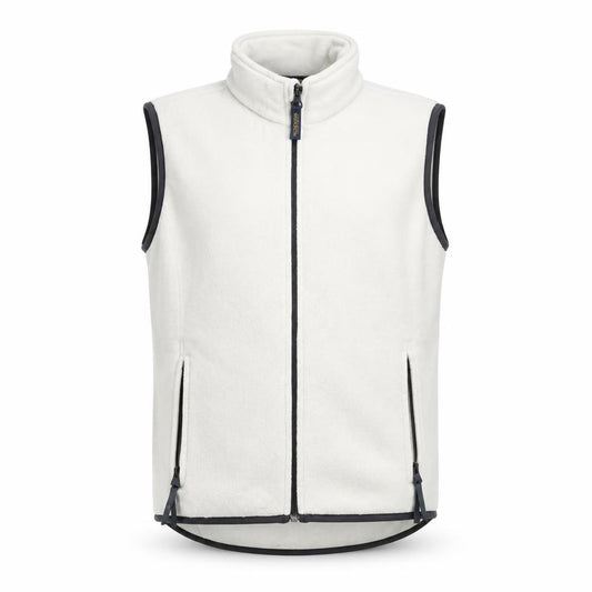 Front view of Woolrich Men's Beige Fleece Full Zip Bodywarmer Vest, size M