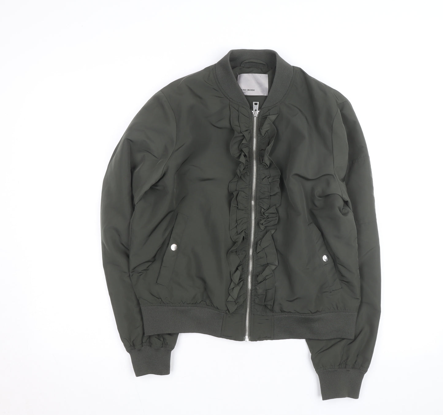 Vero Moda Unisex Green Bomber Jacket Lined Ruffle Zip Size L