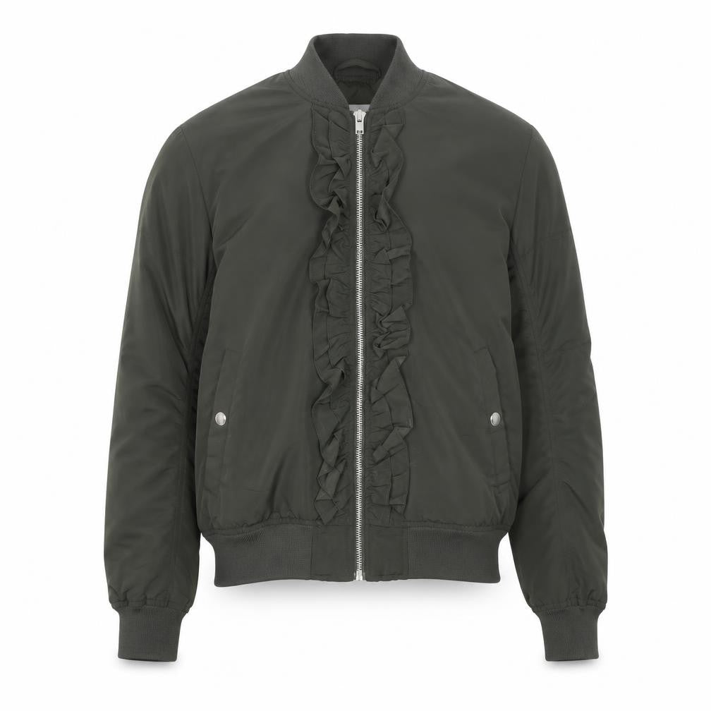 Front view of Vero Moda unisex green bomber jacket lined ruffle zip, size L