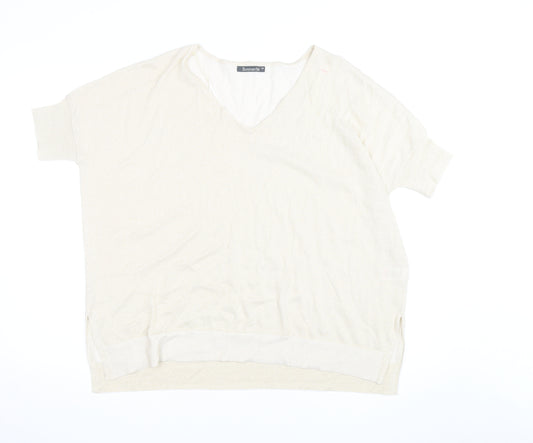 Bonmarché Women’s Beige V-Neck Short Sleeve Lightweight Knit Jumper Size 16