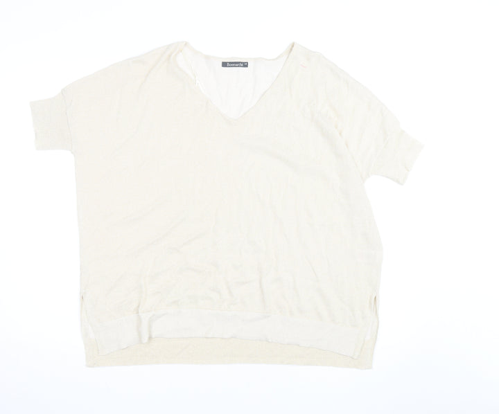 Bonmarché Women’s Beige V-Neck Short Sleeve Lightweight Knit Jumper Size 16