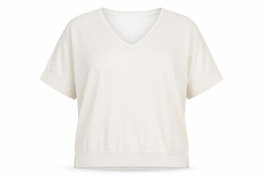 Front view of Bonmarché Women’s Beige V-Neck Short Sleeve Lightweight Knit Jumper, size UK 16