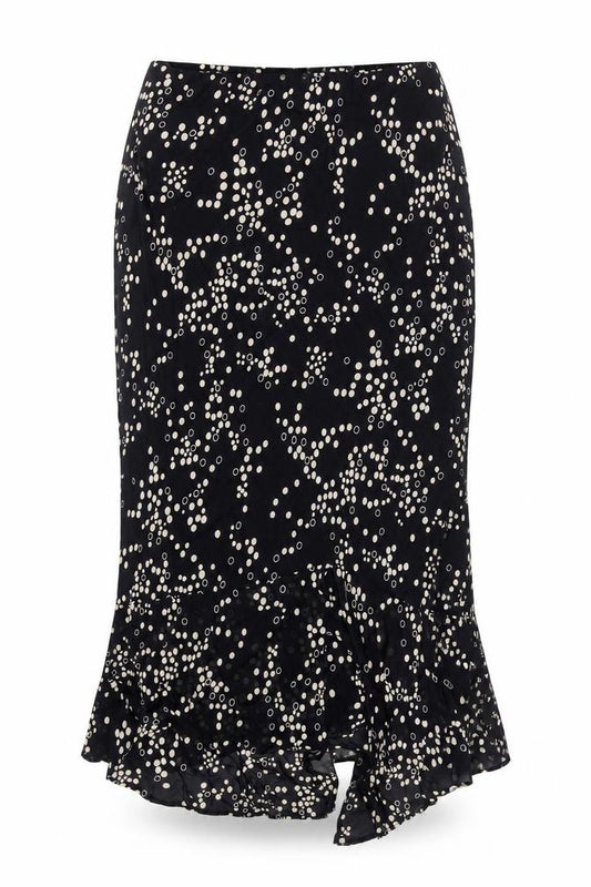 Front view of J Taylor Women's Black Polka Dot Midi Trumpet Skirt, size 14