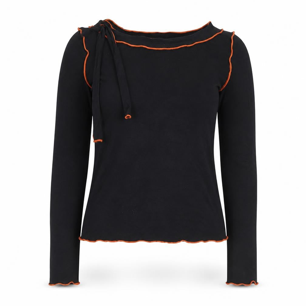 Front view of Rosie women’s black long sleeve ruffle trim modal blouse, size S