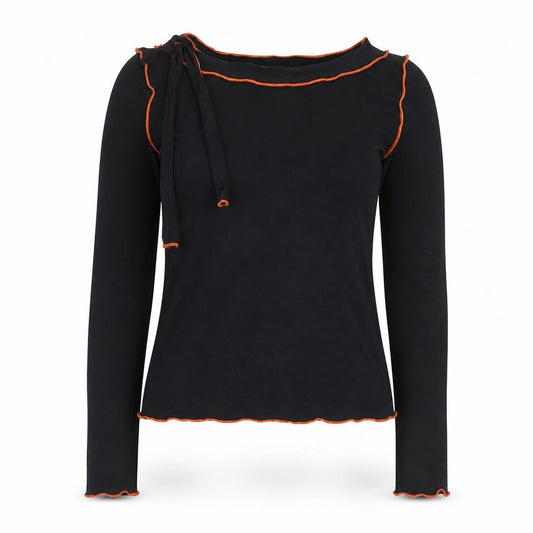 Front view of Rosie women’s black long sleeve ruffle trim modal blouse, size S