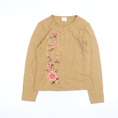 Country Casuals Women Brown Floral Embroidered Long Sleeve T-Shirt Petite M
