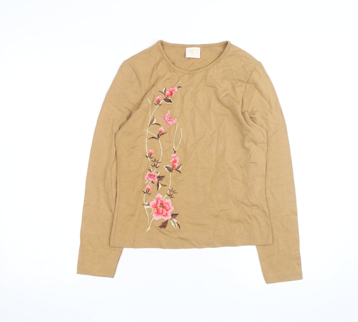 Country Casuals Women Brown Floral Embroidered Long Sleeve T-Shirt Petite M