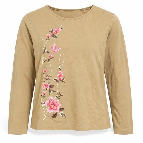 Country Casuals Women Brown Floral Embroidered Long Sleeve T-Shirt Petite M