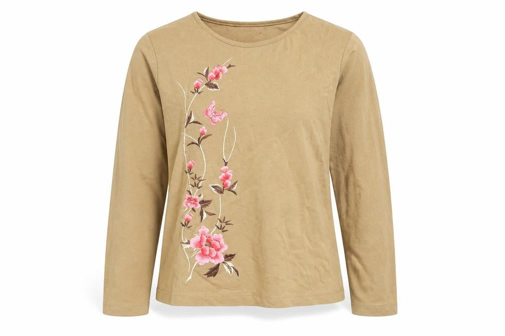 Country Casuals Women Brown Floral Embroidered Long Sleeve T-Shirt Petite M