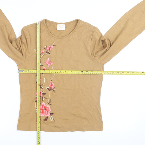 Country Casuals Women Brown Floral Embroidered Long Sleeve T-Shirt Petite M