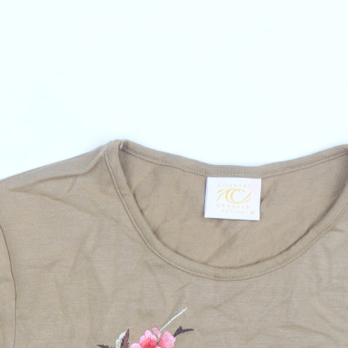 Country Casuals Women Brown Floral Embroidered Long Sleeve T-Shirt Petite M